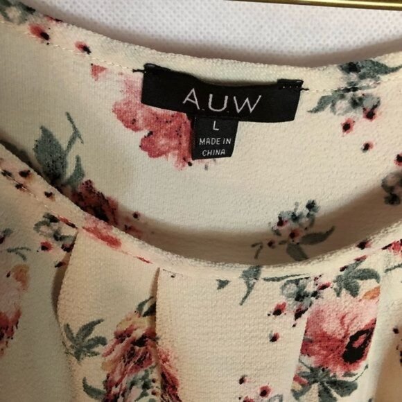 AUW white floral short sleeve shirt polyester blend large READ - Picture 3 of 5